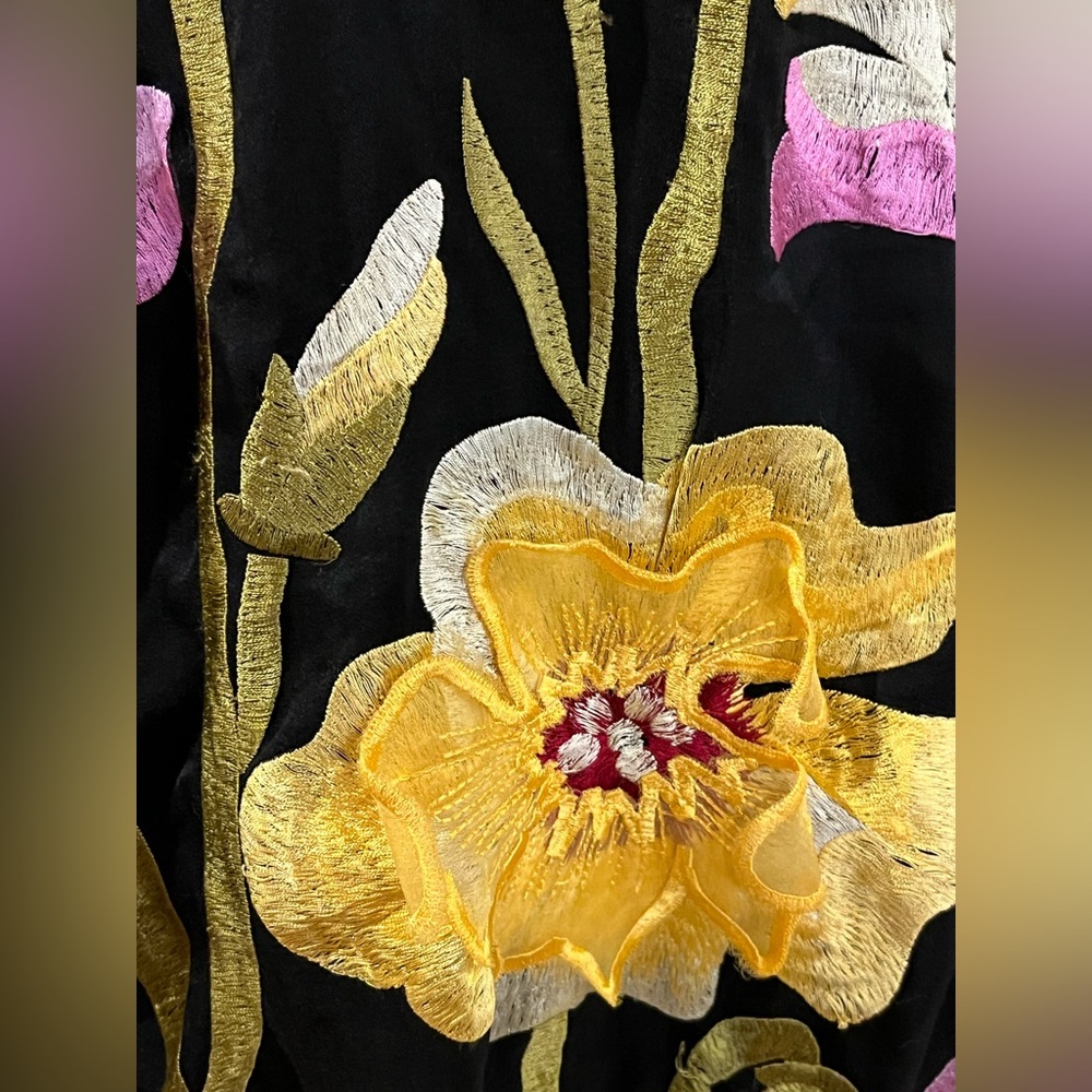 Anthropologie floral mini dress w/ 3D appliqué. Strapless. Black yellow pink. S - Picture 5 of 16